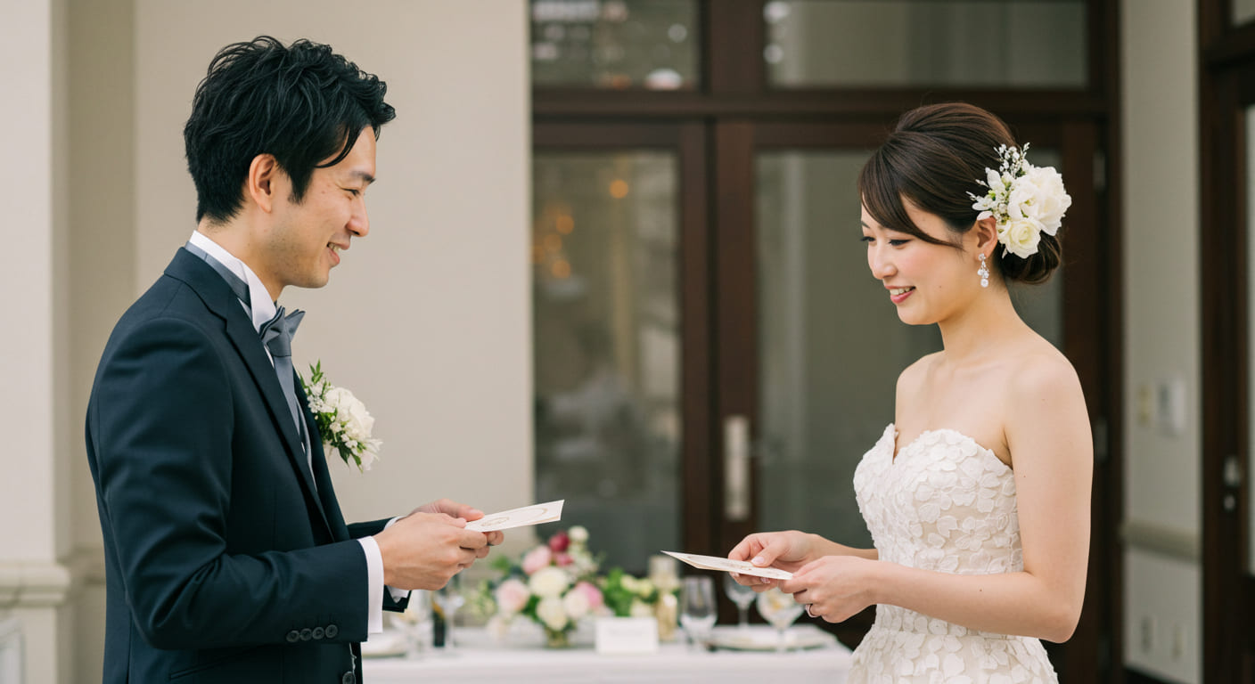 結婚式の引き出物贈り分けについて相談している新郎新婦の様子
