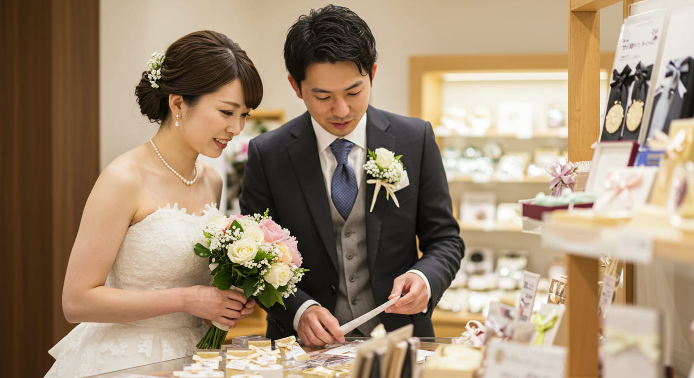 引き出物の相場表を見ながら価格帯を検討する新郎新婦