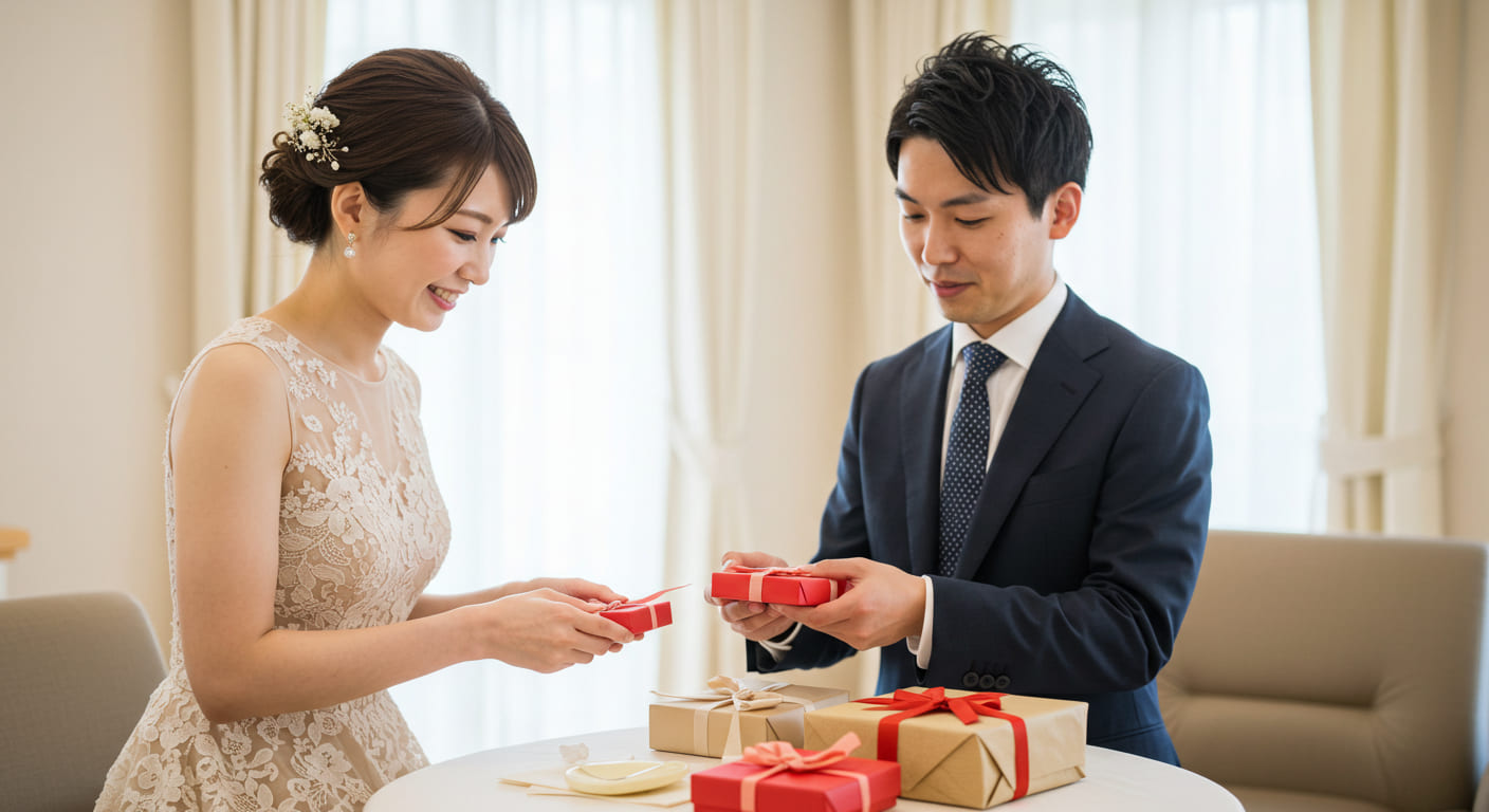 引き出物贈り分けのマナーについて学んでいる結婚式準備中のカップル