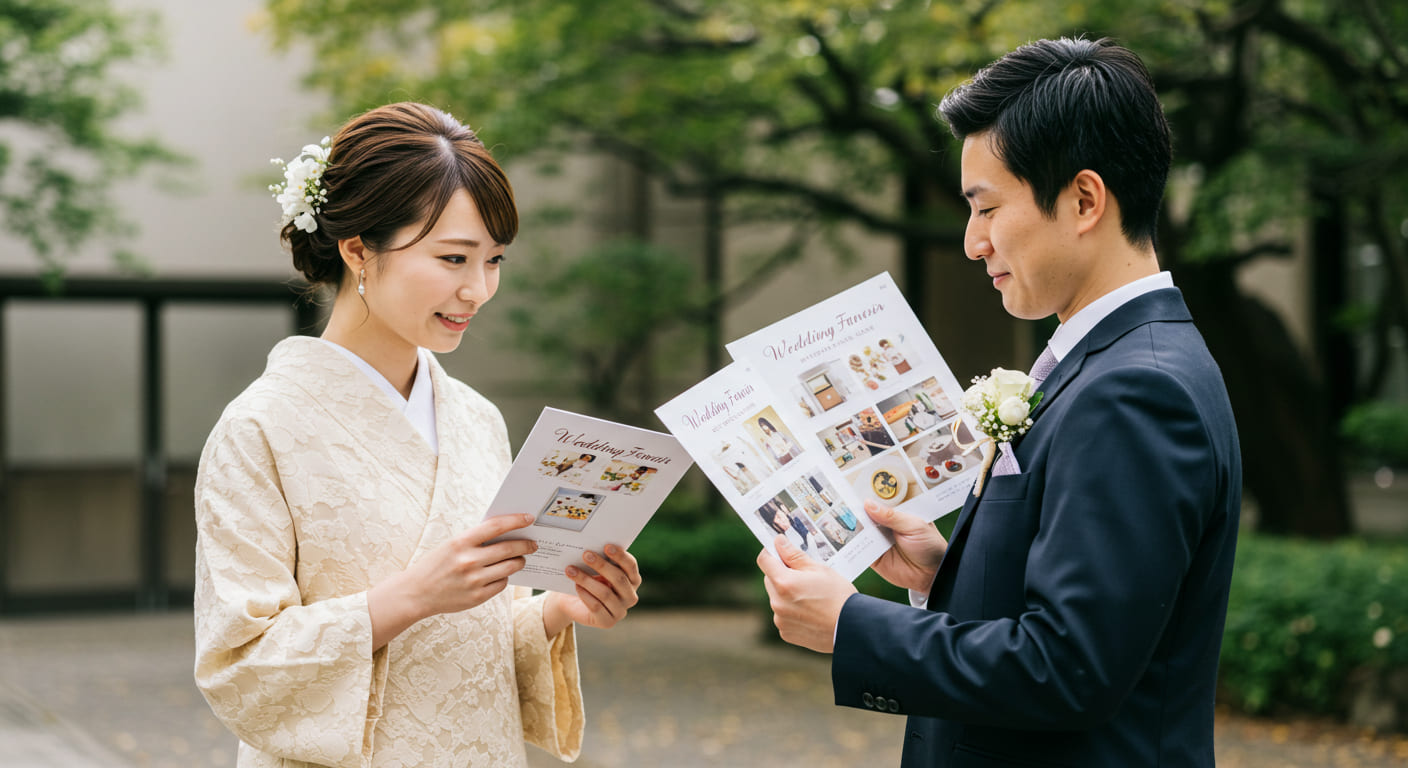 引き出物カタログ選びに悩む新郎新婦が複数のカタログを比較検討している様子で、選び方のポイントを確認している場面