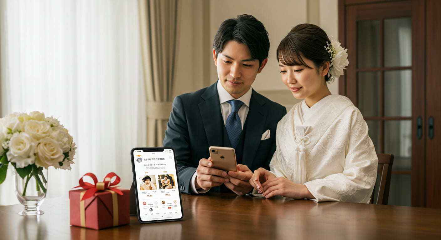 スマートフォンでソーシャルギフトを選ぶ新郎新婦と、デジタル化された結婚式引き出物