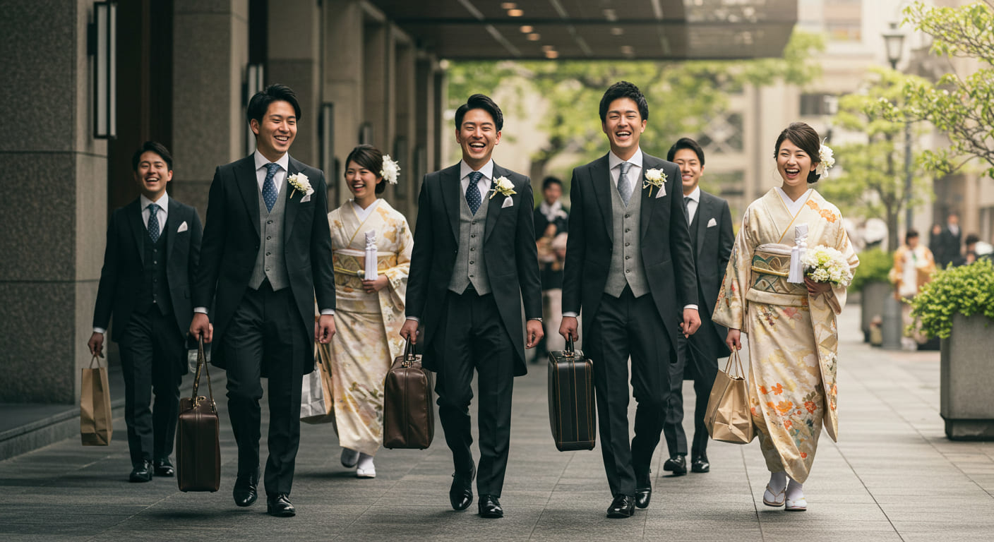結婚式会場で軽やかに参加するゲストたちと、荷物が少ない様子を表現した写真