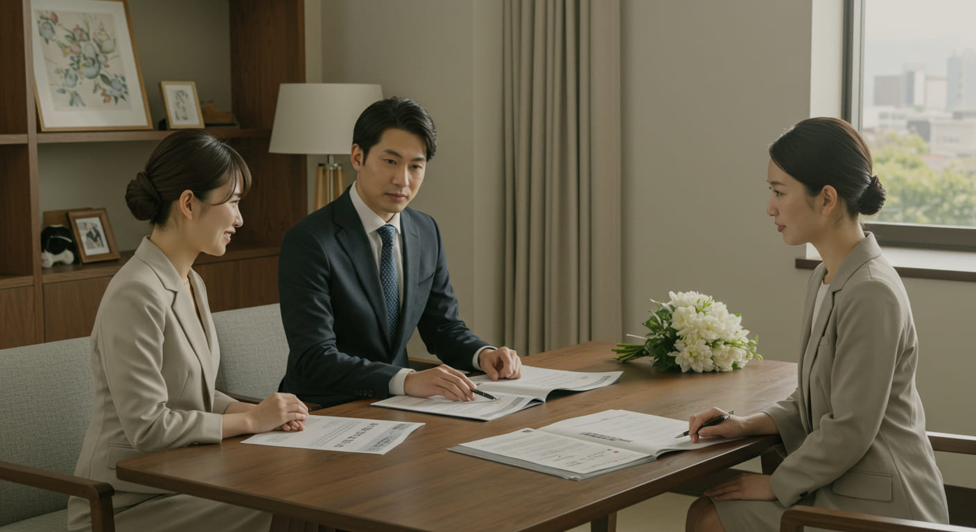 結婚式の引き出物に関する質問と回答を表現した相談シーンの写真
