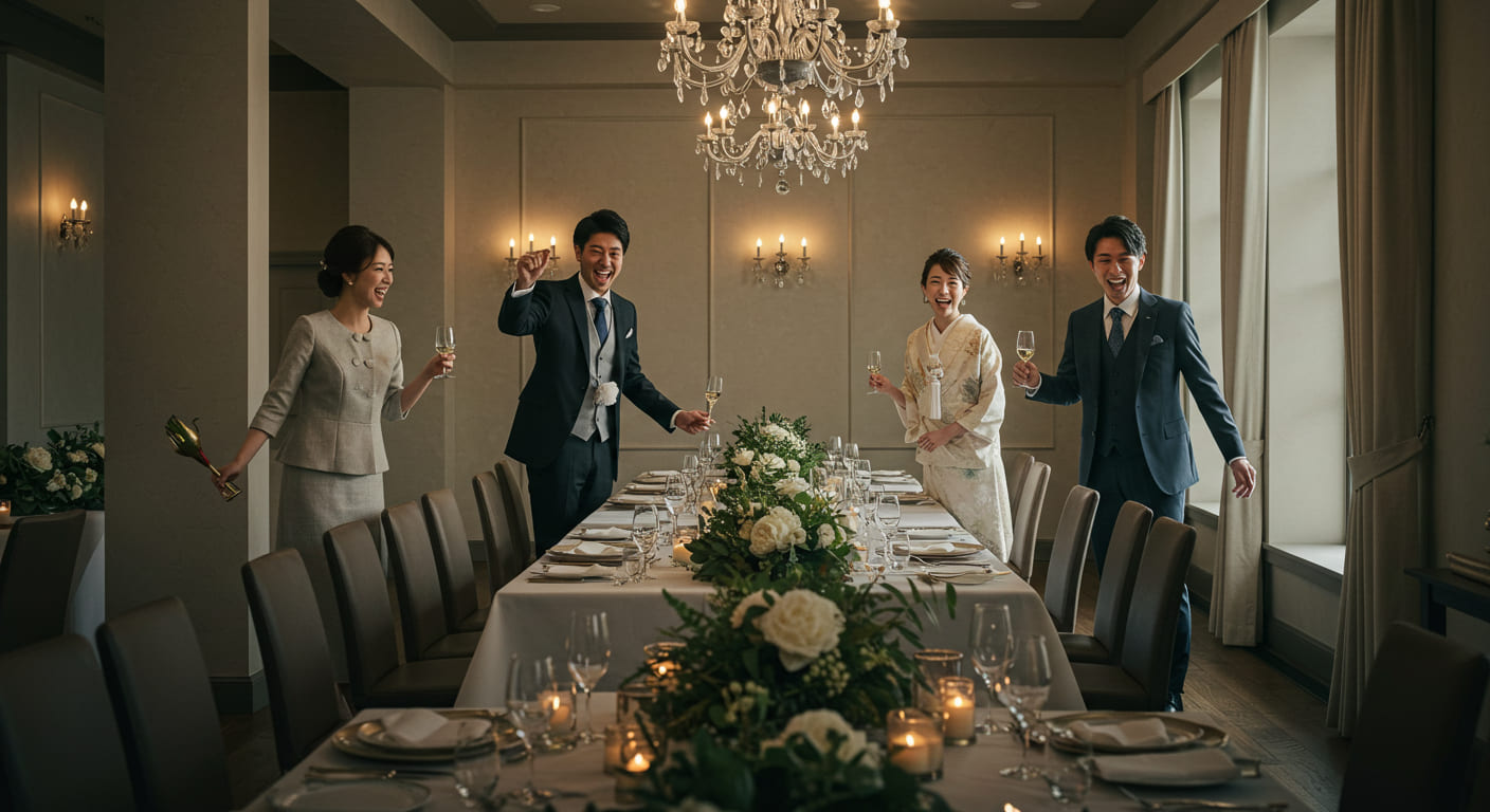 スマートフォンでソーシャルギフトを選ぶ新郎新婦と、デジタル化された結婚式引き出物
