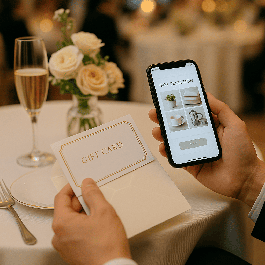 引き出物カタログを使った結婚式のスマートな演出とその利点について説明している場面  
