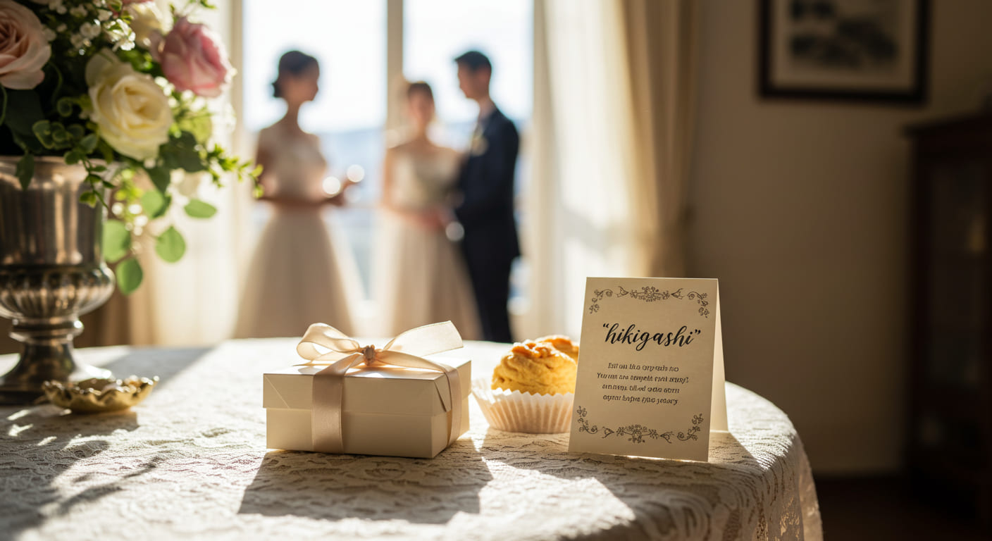 結婚式で贈られる引き出物の中でも特に重要な「引き菓子」の意味や役割について解説する様子