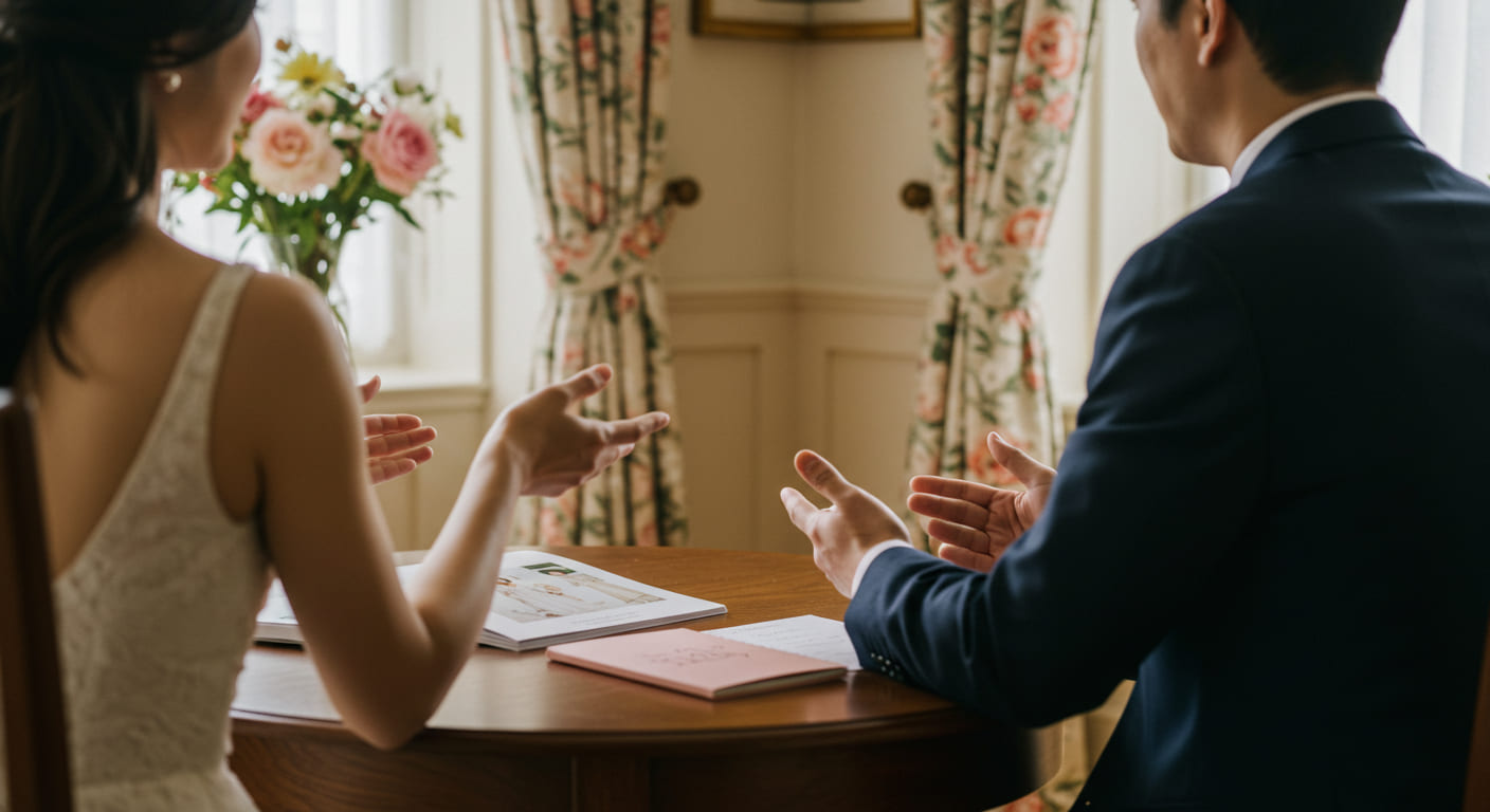 結婚式で親族に贈る引き出物の意味や立ち位置について話し合う新郎新婦の様子