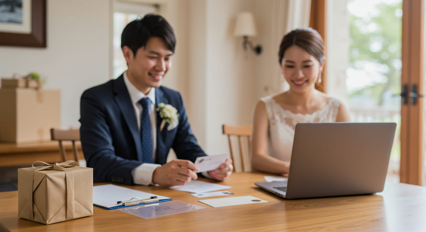 引き出物カードを手に取る新郎新婦が、宅配形式のギフト準備について話し合っている様子