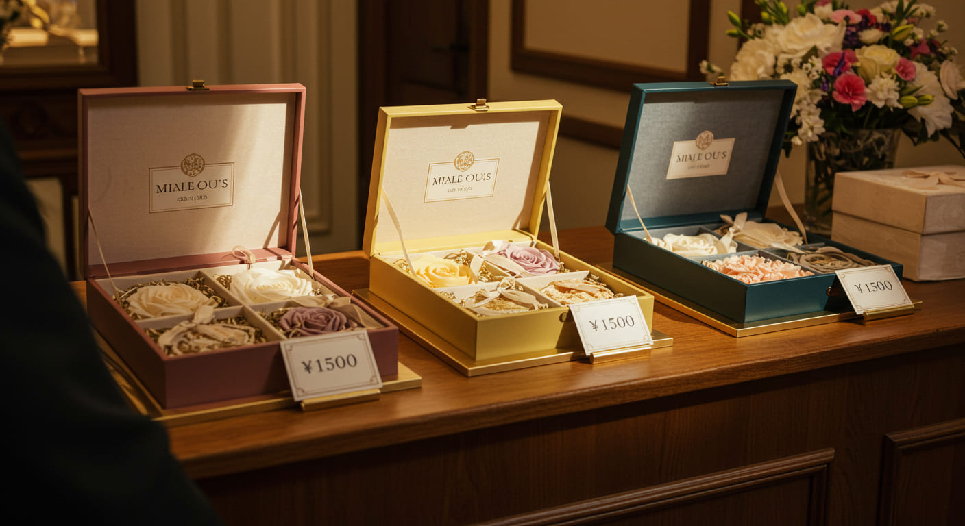 結婚式の引き菓子にかける一般的な相場や予算ごとの目安を比較して説明している図