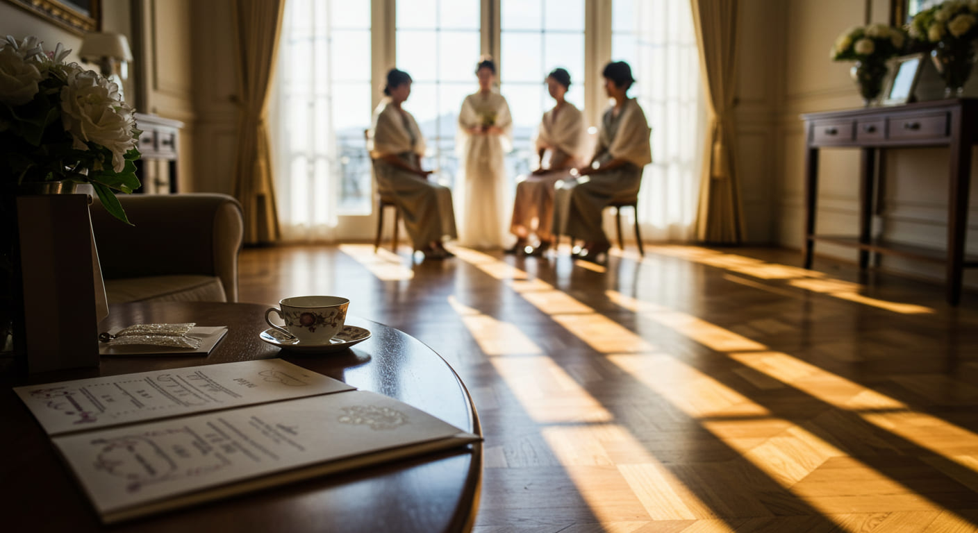 結婚式準備を振り返りながら最終確認をしている新郎新婦の穏やかな雰囲気