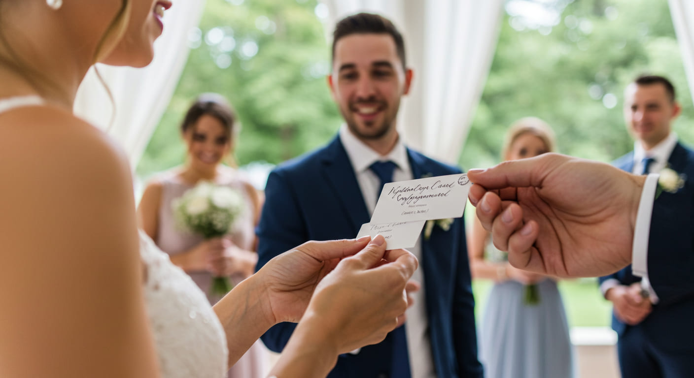 連名ゲストや夫婦で出席する人への引き出物カードの渡し方について悩む新郎新婦の様子