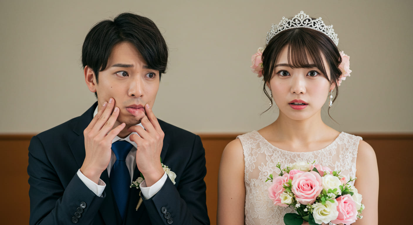 結婚式引き出物のキャンセル期限について心配そうに相談している新郎新婦の様子