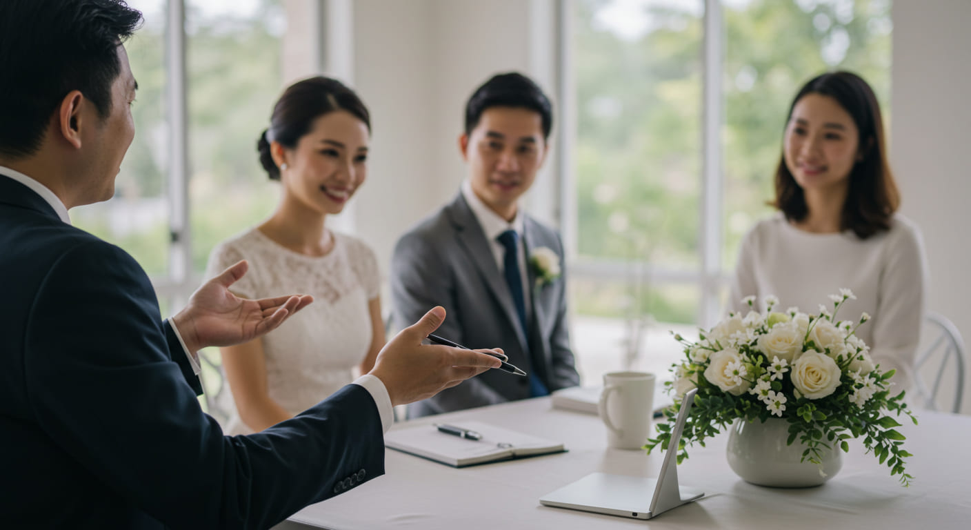 引き出物カードを何セット用意するか迷う場面で、夫婦ゲストを見ながら話し合うカップル
