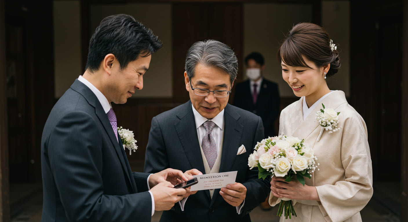 スマートフォンの操作に困惑する年配のゲストと、引き換え手続きの説明をしている様子