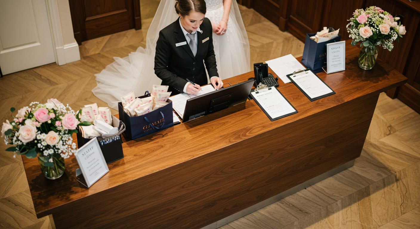 結婚式の受付で引き出物を手渡すタイミングに迷うスタッフと新郎新婦の会話