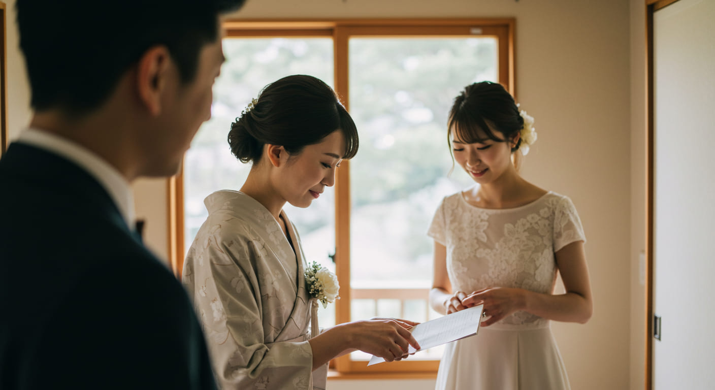 引き出物の返品対策について計画を立てている新郎新婦の準備風景