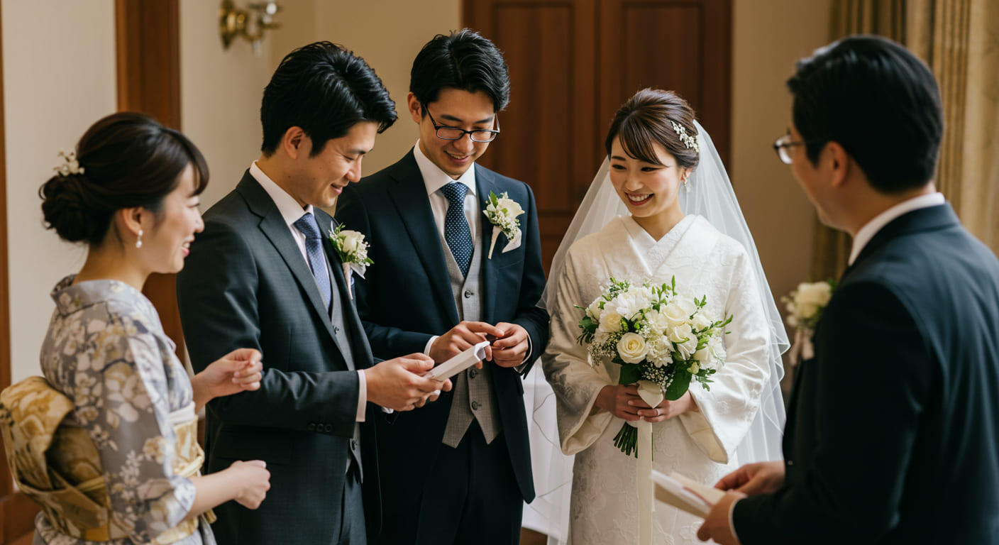 引き出物の選択肢について相談する新郎新婦と、様々な年齢層のゲストを考慮している場面