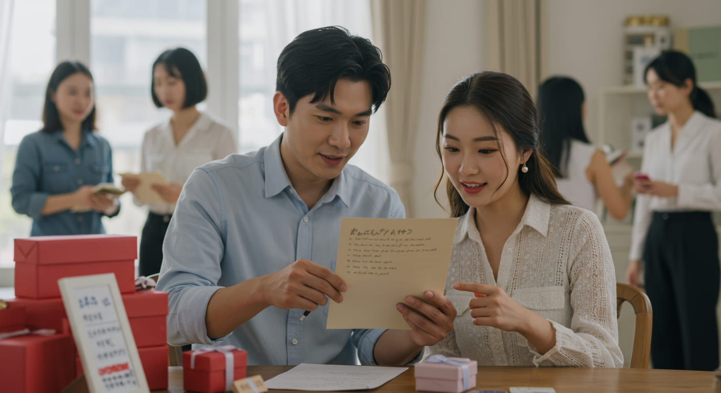 夫婦連名ゲストへの引き出物に関する疑問がリスト化されたメモを見つめるシーン