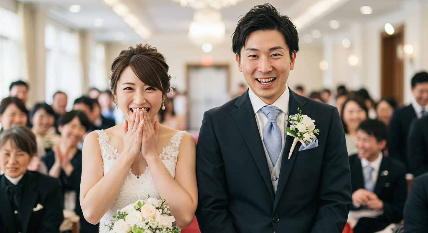 結婚式引き出物の返品対策完了で安心している新郎新婦の表情