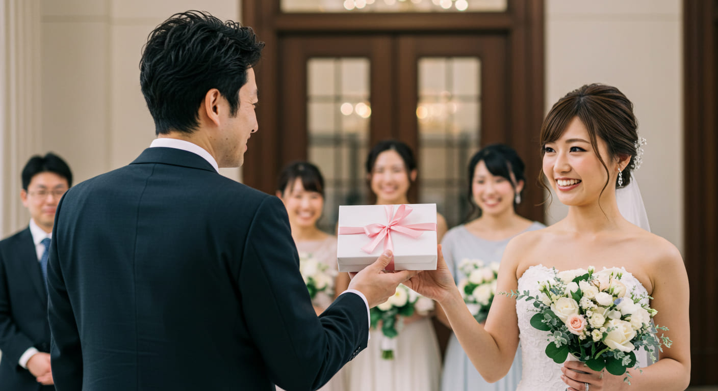 引き出物宅配について疑問を持つカップルの質問に対して、専門家が丁寧に回答している様子