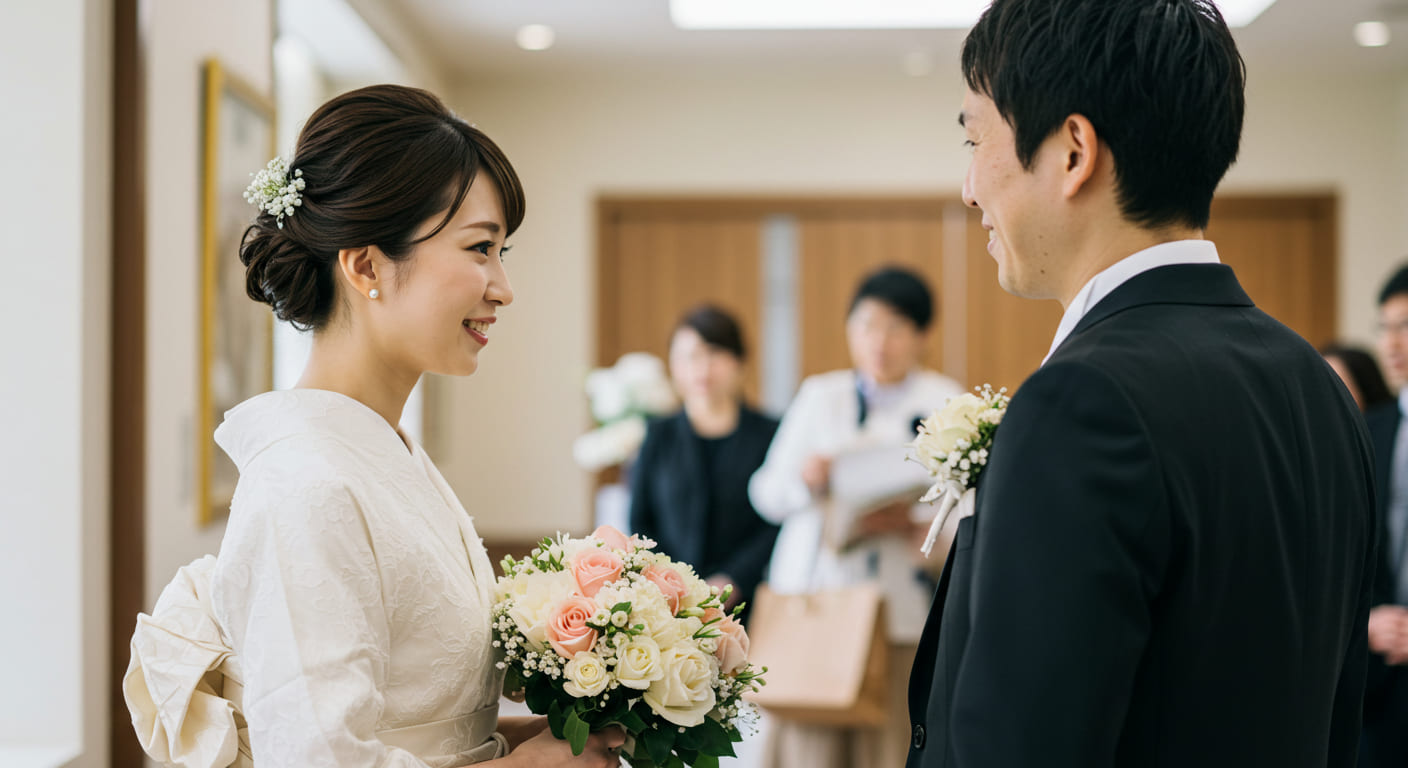 引き出物宅配と従来型の特徴を整理した比較表を見ながら、最適な選択を検討している新郎新婦