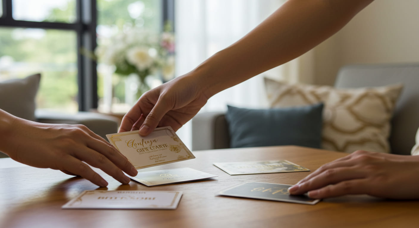 カード型引き出物の仕組みを説明する新郎新婦がカードを手に取り選択を検討している様子