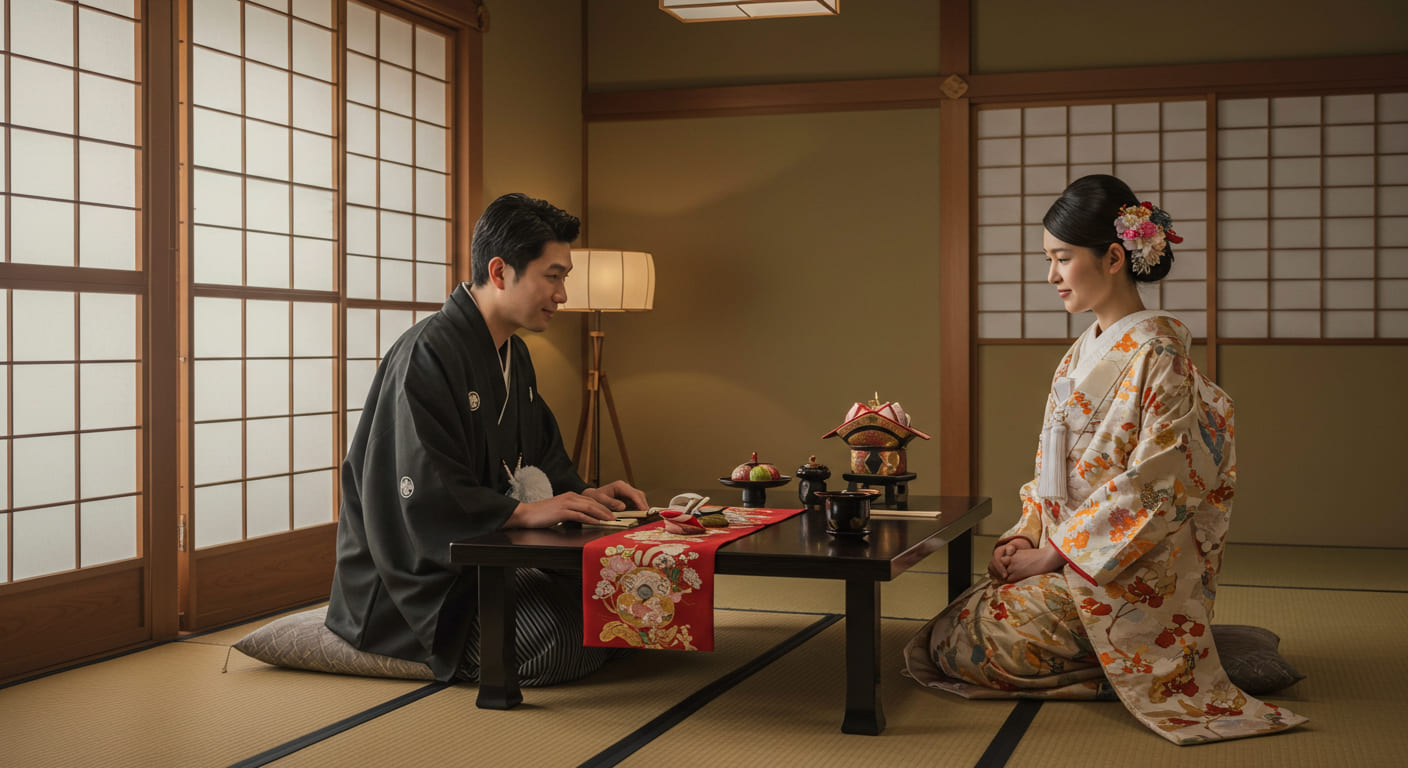 日本の伝統的な結婚式で引き出物の意味について話し合う新郎新婦の様子、文化的背景を大切にする心遣いが感じられるシーン