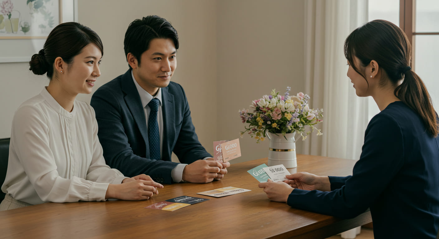 引き出物の価格差設定について相談する新郎新婦がプランナーと話し合い、グレード別の商品カードを検討している様子 