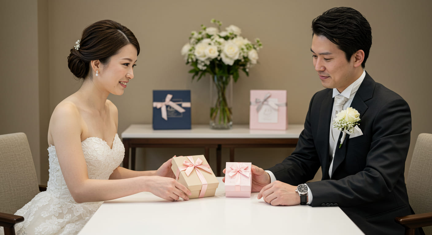 結婚式の引き出物選びで重要な判断基準について相談している新郎新婦の様子