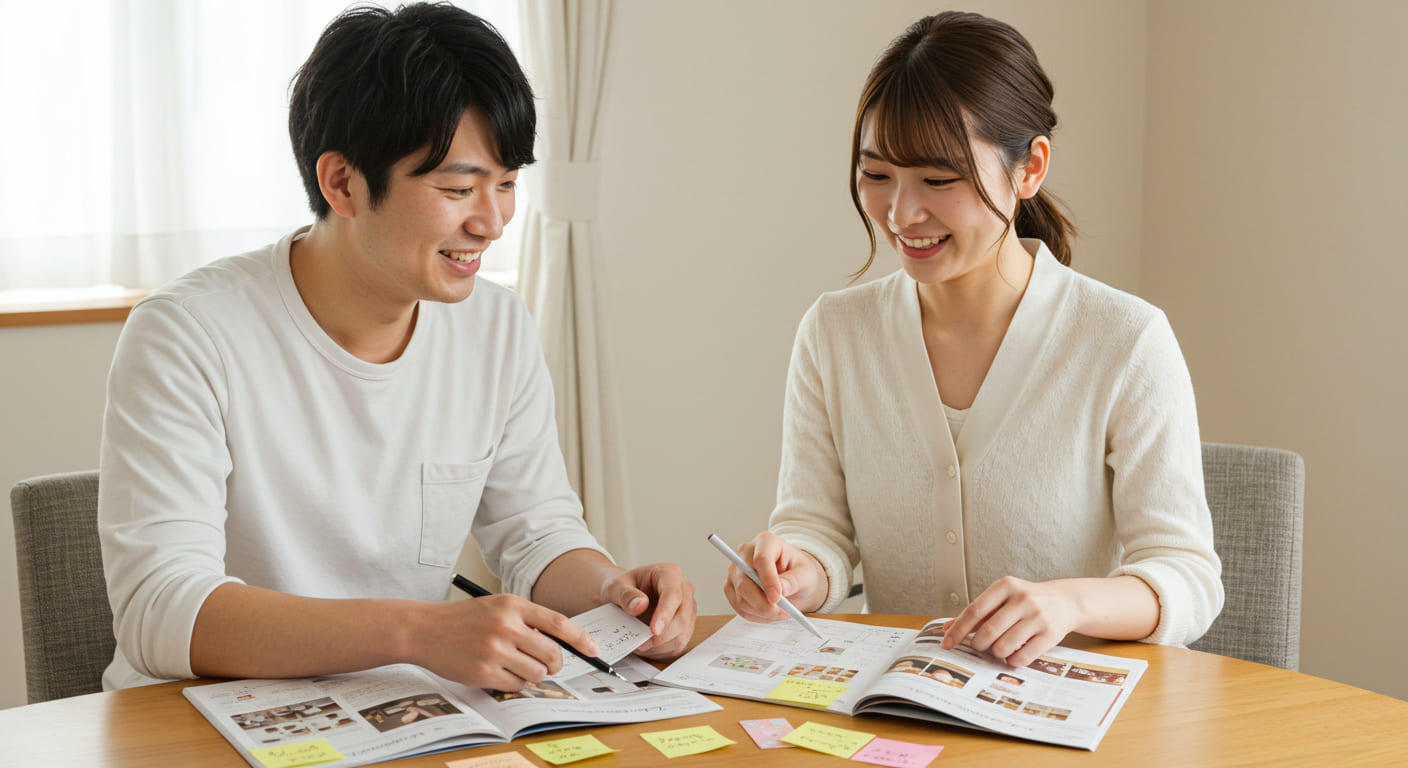 引き出物選びの基準について話し合う新郎新婦の様子