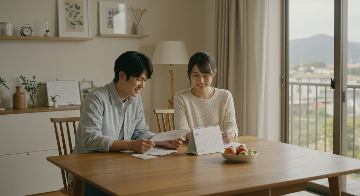 結婚内祝いのタイミングについて相談する新郎新婦とカレンダーを見ながら準備期間を確認している様子