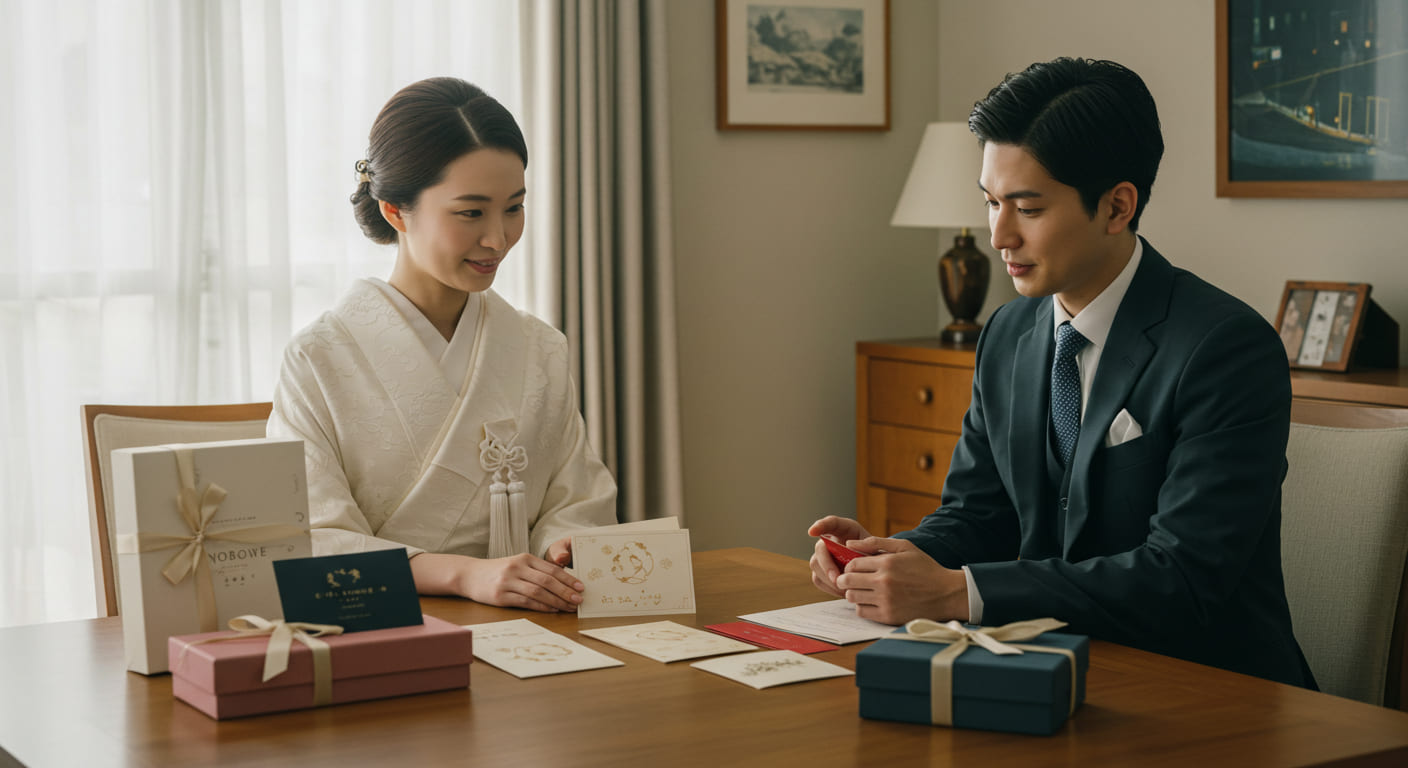 結婚内祝いの意味について考える新婚夫婦が贈り物を選んでいる温かな雰囲気の様子