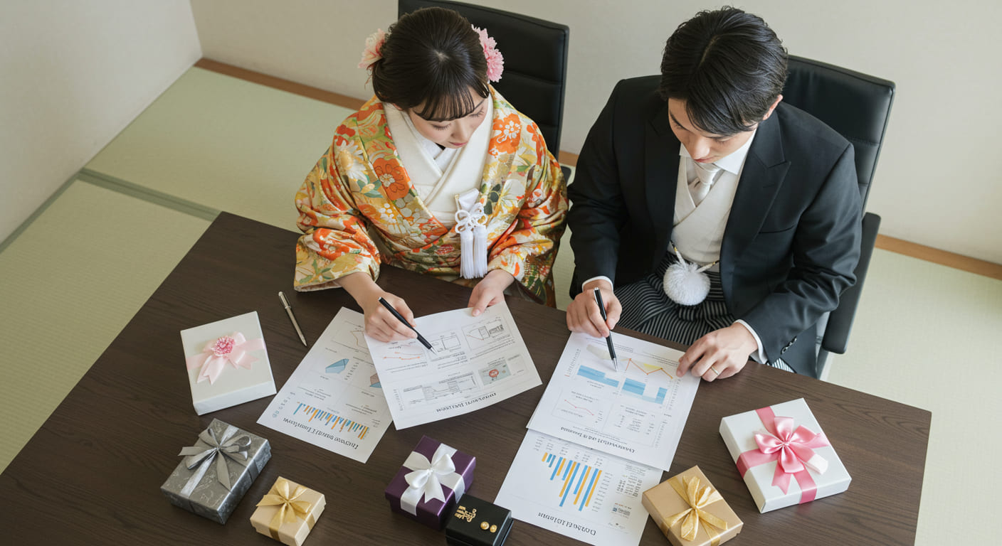 結婚式引き出物の時代変化を説明する資料を眺めながら相談する新郎新婦の様子
