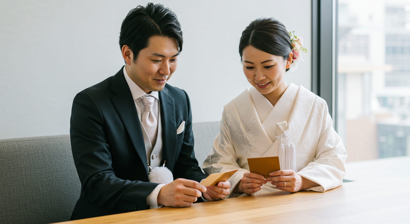 ソーシャルギフトカードを手に持ち、新しい引き出物システムを検討している新郎新婦