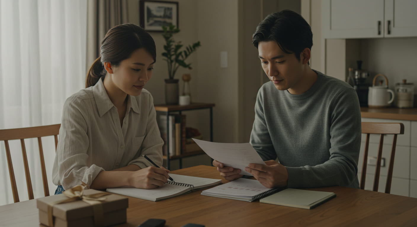 引き出物のランク分けを検討している新郎新婦が、ゲストリストを見ながら関係性別にグレード設定している場面 