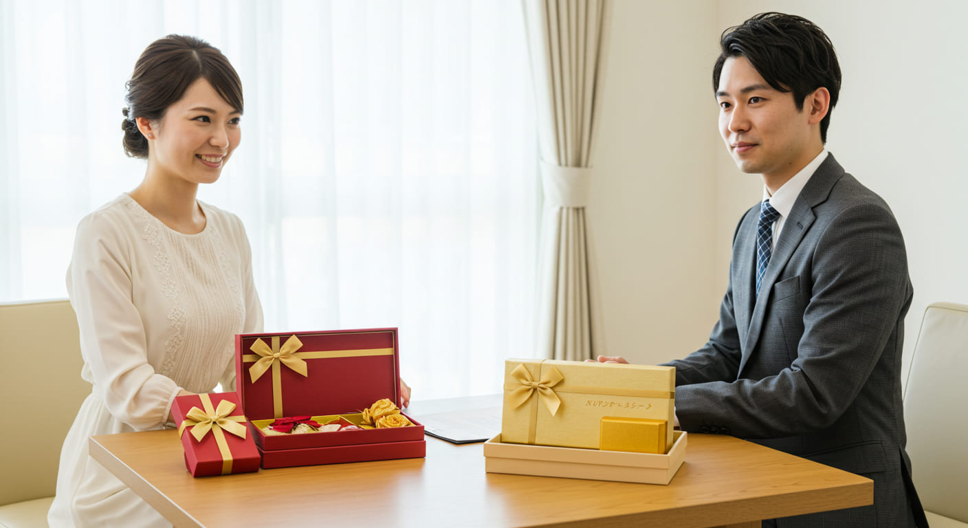親族・友人・上司への引き出物の相場別ギフトボックスが整理され価格帯が分かるリアルな写真