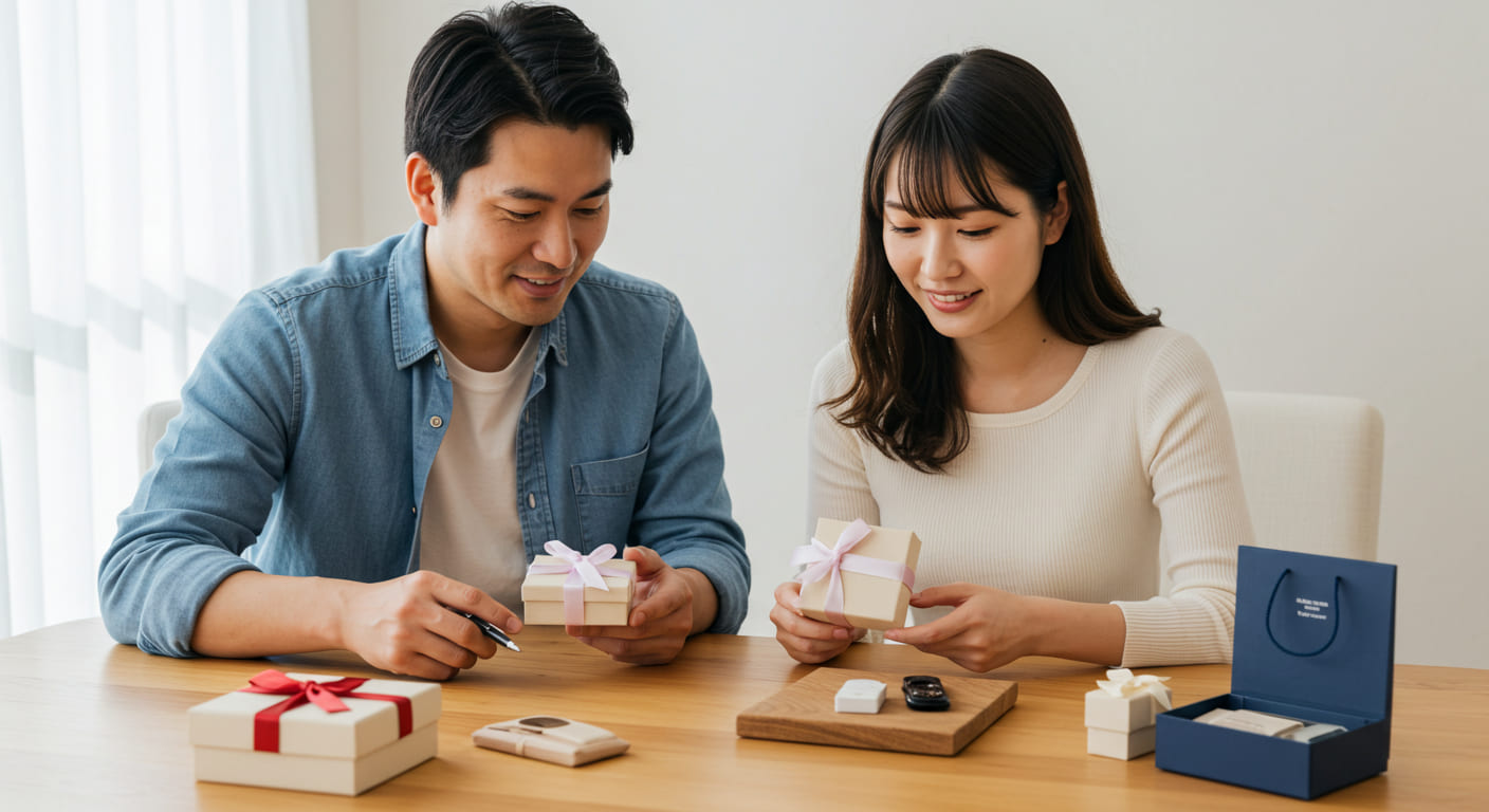 親族と友人向けの引き出物の違いを比較検討している結婚準備中のカップル