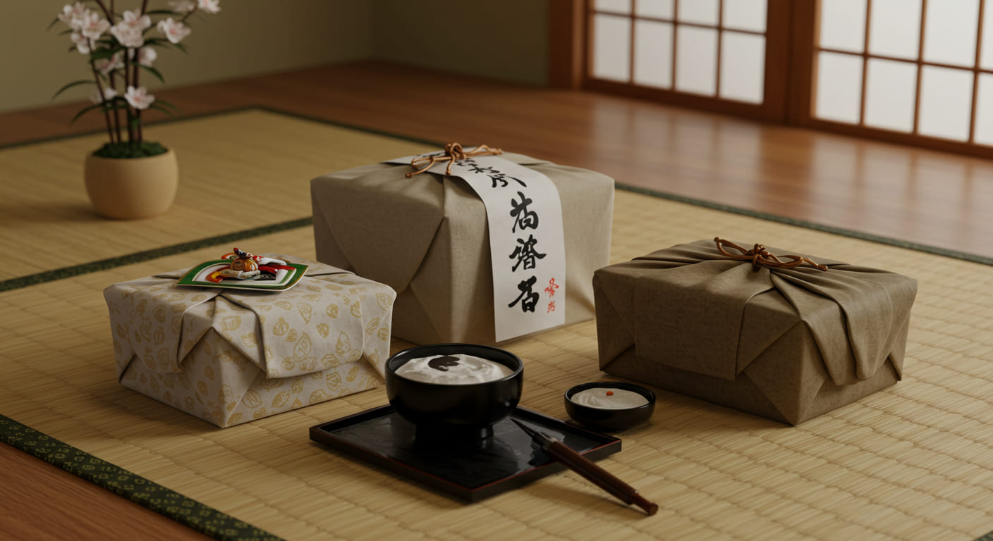 結婚内祝い用ののし紙と筆ペンが置かれた和風の書道セットで伝統的なマナーを重視した準備風景 