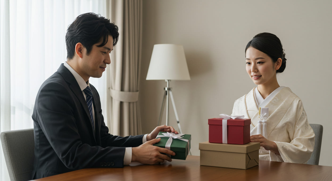 引き出物の選定条件をチェックリストで確認している新郎新婦の相談風景