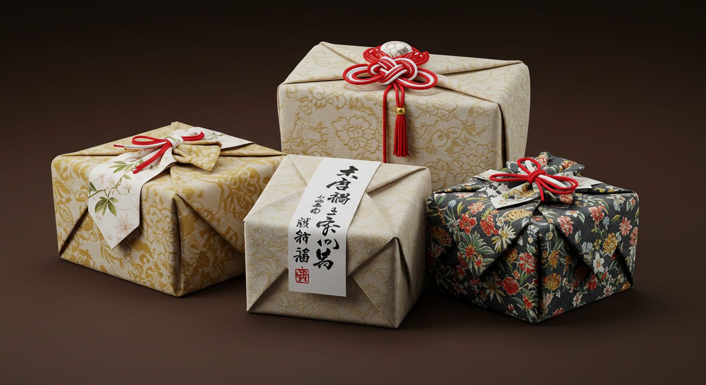 正しく書かれたのしが付けられた結婚内祝いの贈り物の美しい包装の様子 