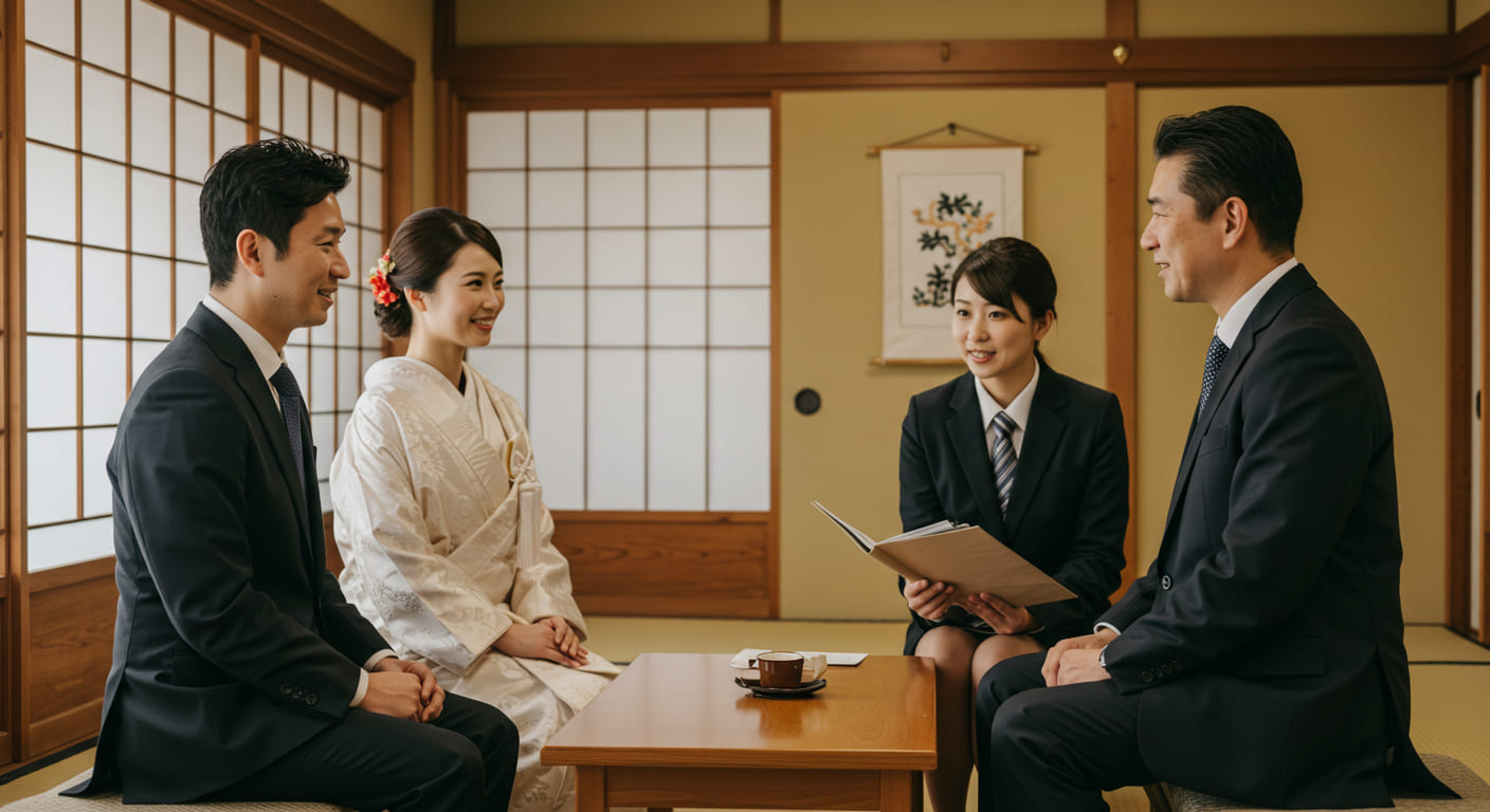 引き出物に関する疑問や質問について相談している新郎新婦と式場スタッフ