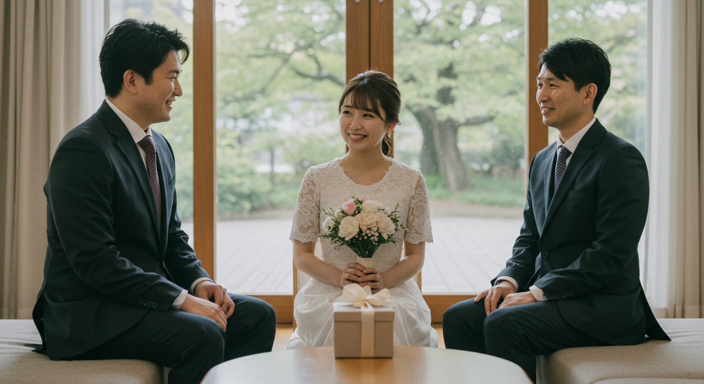 引き出物の疑問について専門家に相談する新郎新婦、質疑応答している親身なアドバイスシーン