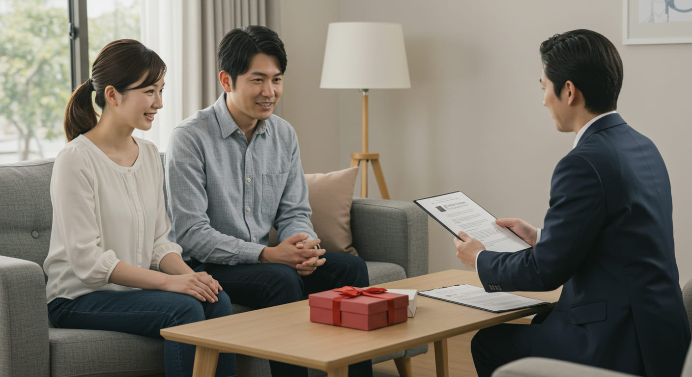 引き出物の価格差設定に関する疑問を相談している新郎新婦が、専門スタッフから丁寧な説明を受けている相談シーン