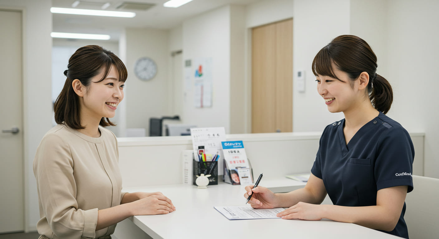 結婚内祝いについて質問している女性が相談窓口でスタッフから説明を受けている丁寧な対応場面 