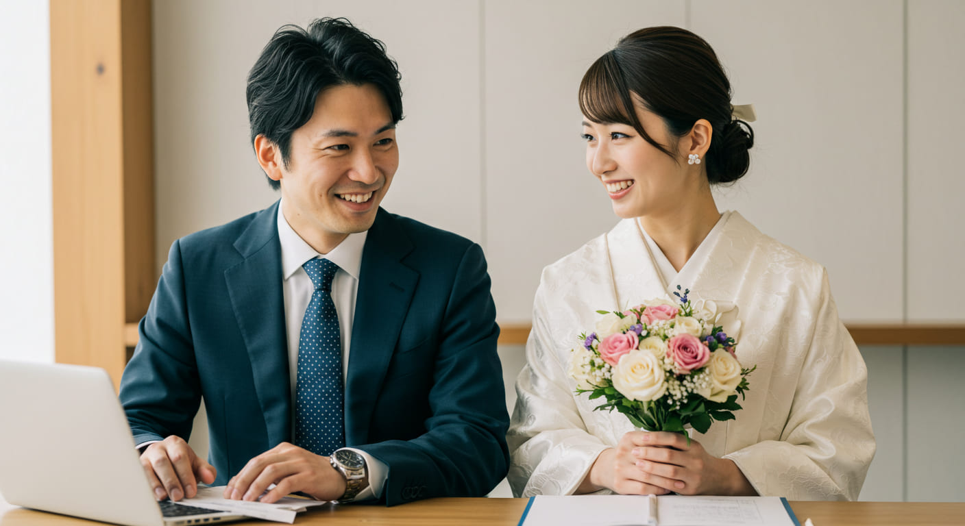 ソーシャルギフト導入を決定し、満足そうに微笑む新郎新婦の表情 