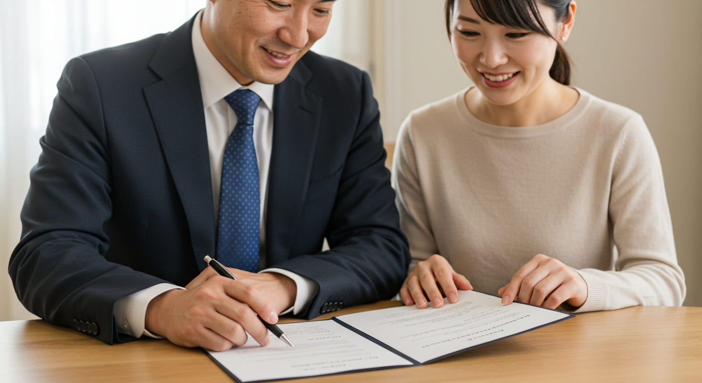 引き出物失敗回避の成功を実感する新郎新婦、完成した準備計画を満足そうに確認している達成シーン