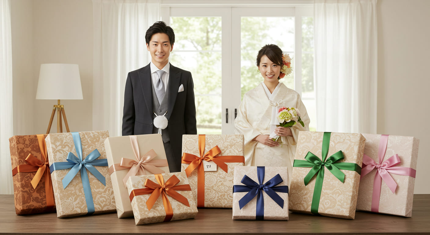 結婚内祝いの準備が完了して満足そうに微笑む新婚夫婦と美しく包装された贈り物が並んだ達成感のある風景