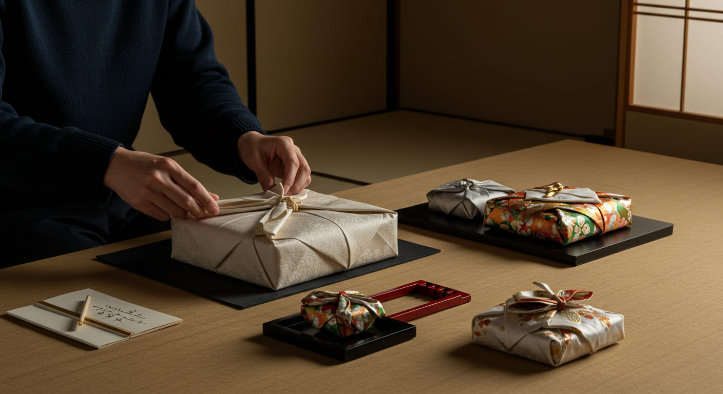 引き出物の意味を理解して心を込めて準備する人の様子、日本の美しい伝統文化を大切にする気持ちが表現されたシーン