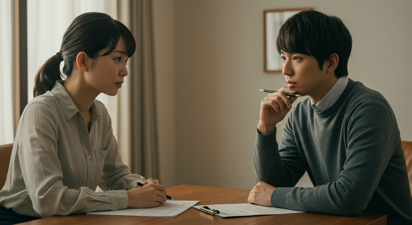 結婚内祝いに関する疑問や質問について相談している新郎新婦の表情が映った写真 