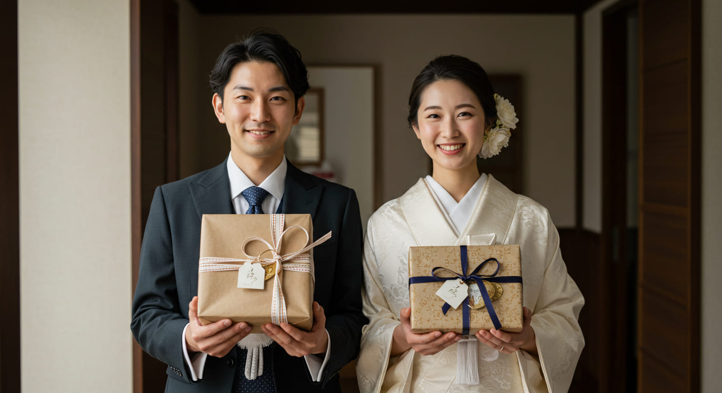 満足そうな表情で結婚内祝いを完成させた新婚夫婦が贈り物を手にしている達成感のある様子 